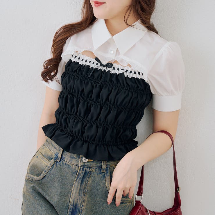 ブラック | 前開きシャーリングフリルブラウス | RMAF　NICE CLAUP / OLIVE des OLIVE