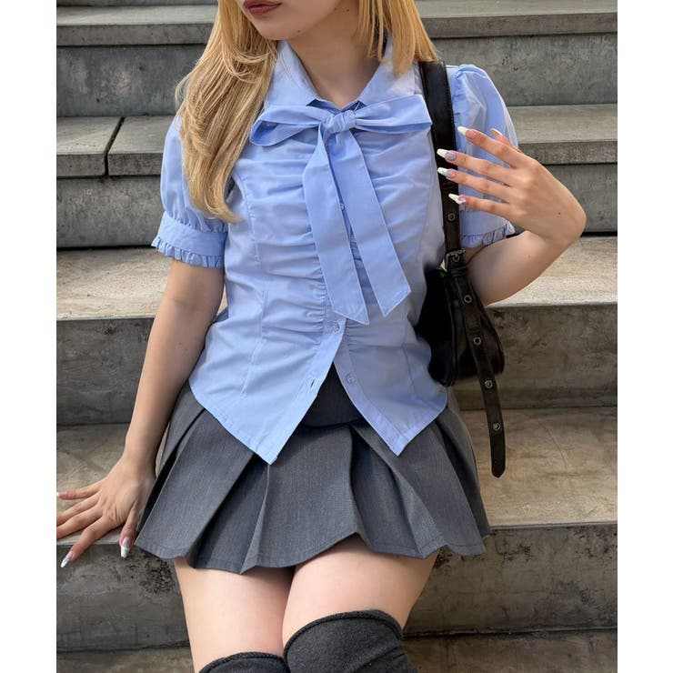 サックス | 胸ギャザーリボンタイブラウス | RMAF　NICE CLAUP / OLIVE des OLIVE