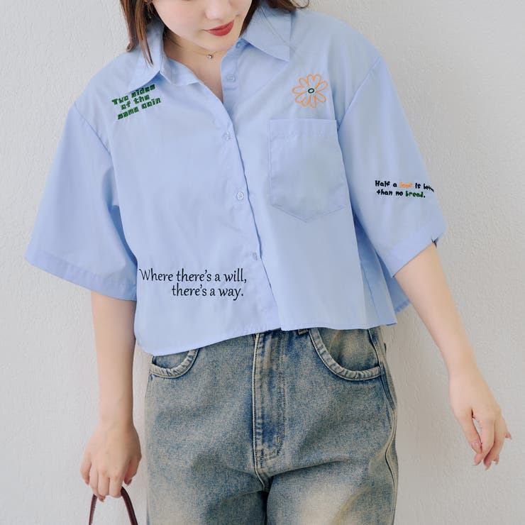 サックス | 刺繍入りショート丈ブラウス | NICE CLAUP / OLIVE des OLIVE　OUTLET