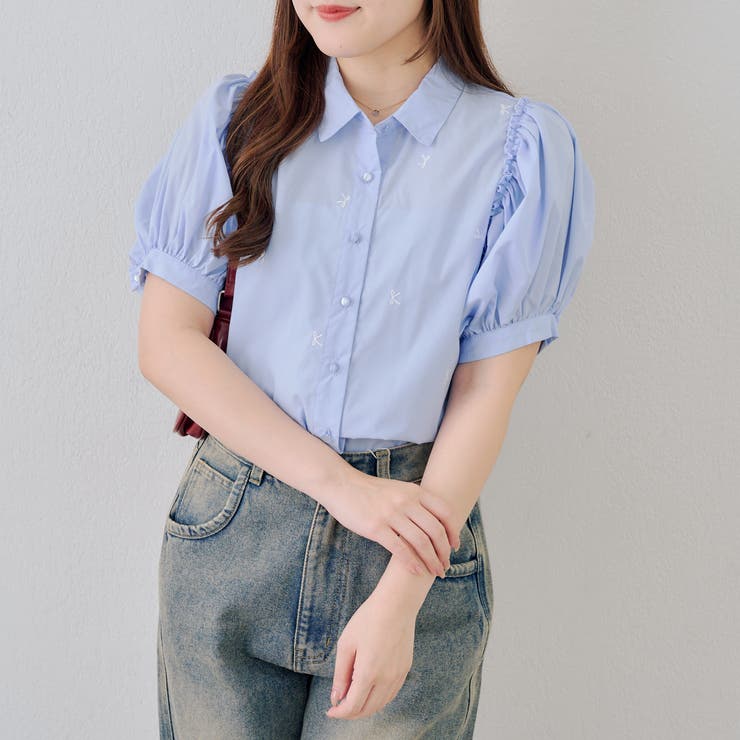 サックス | リボン刺繍ブラウス | NICE CLAUP / OLIVE des OLIVE　OUTLET