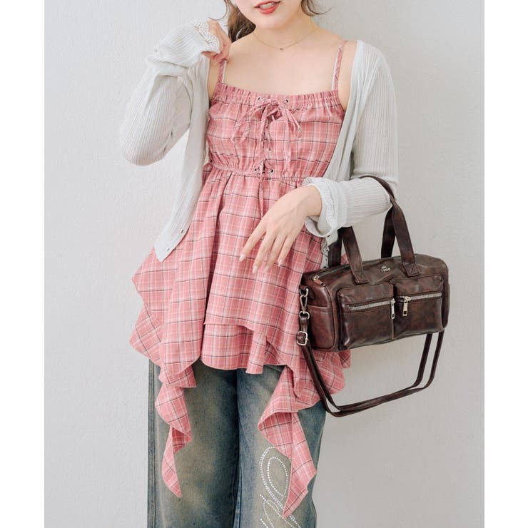 【8色展開 無地 ドット柄 チェック柄 花柄】レースアップキャミチュニック | RMAF　NICE CLAUP / OLIVE des OLIVE | 詳細画像2 