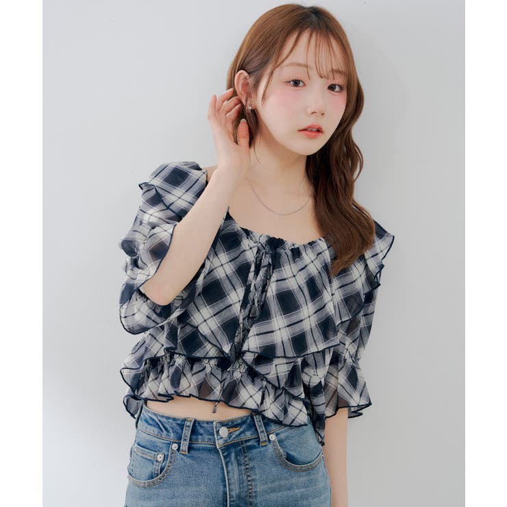 チェック | 【セットアイテム】5分袖ラッフルブラウス&シャーリングキャミ | RMAF　NICE CLAUP / OLIVE des OLIVE