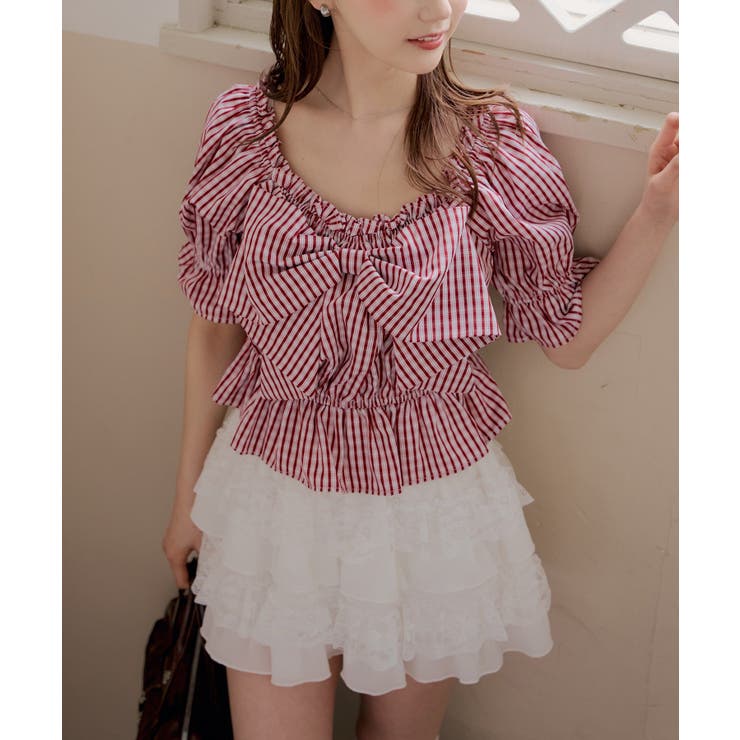 プリーツリボン付半袖ブラウス[品番：OLOW0018473]｜RMAF NICE CLAUP