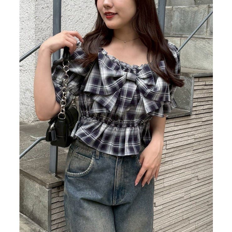 ブルー系 | プリーツリボン付半袖ブラウス | RMAF　NICE CLAUP / OLIVE des OLIVE