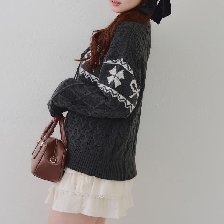 ポンポン付き カウチン風ニットプルオーバー | RMAF　NICE CLAUP / OLIVE des OLIVE | 詳細画像28 