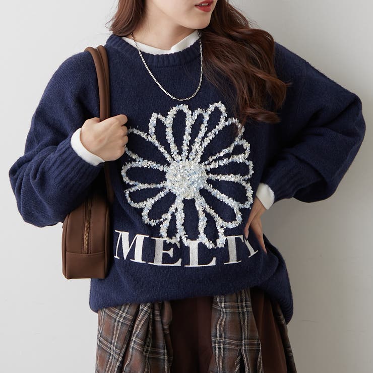 ネイビー | ブラシヤーンお花ジャガードニット | RMAF　NICE CLAUP / OLIVE des OLIVE