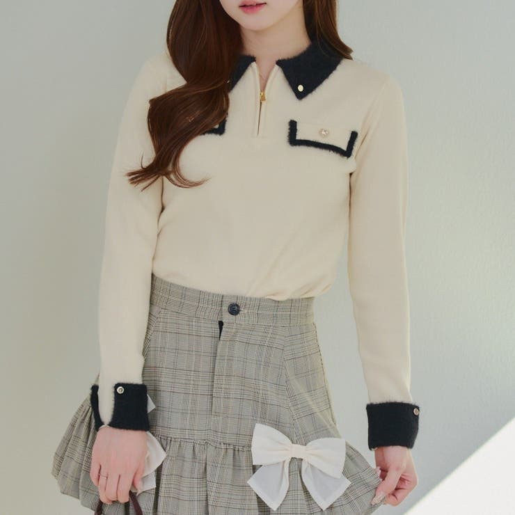 アイボリー | 配色フェザーハーフジップニット | RMAF　NICE CLAUP / OLIVE des OLIVE