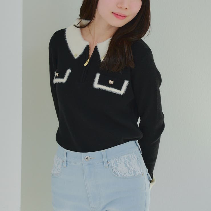 ブラック | 配色フェザーハーフジップニット | RMAF　NICE CLAUP / OLIVE des OLIVE