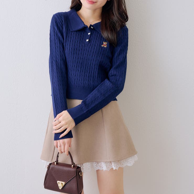 ネイビー | くま刺繍ケーブルポロ | NICE CLAUP / OLIVE des OLIVE　OUTLET
