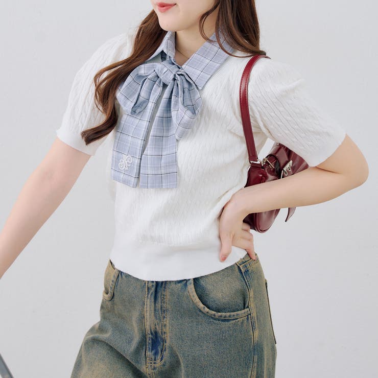 アイボリー | リボンタイケーブル半袖ニット | RMAF　NICE CLAUP / OLIVE des OLIVE