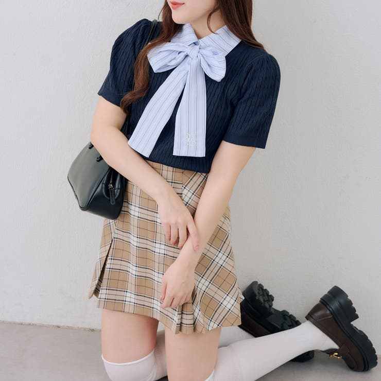 ネイビー | リボンタイケーブル半袖ニット | RMAF　NICE CLAUP / OLIVE des OLIVE