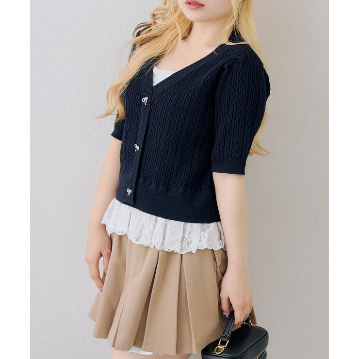 ネイビー | 裾レースベビーケーブル半袖ニット | RMAF　NICE CLAUP / OLIVE des OLIVE