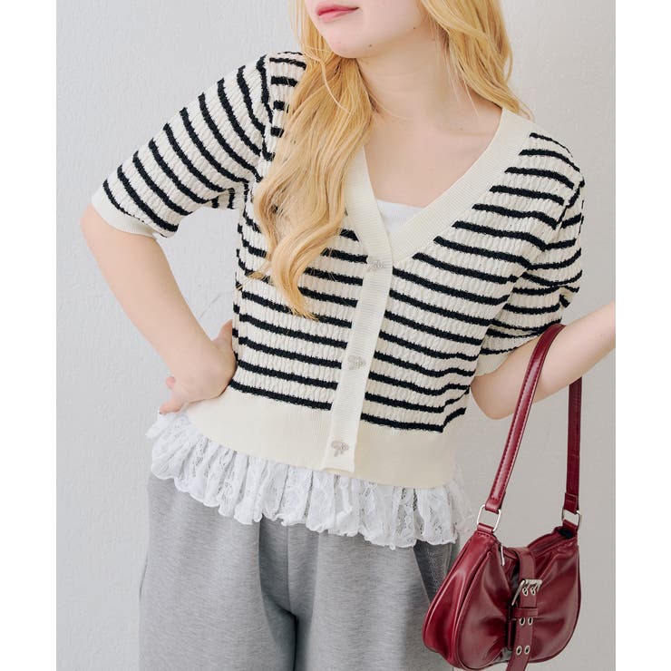 ボーダー | 裾レースベビーケーブル半袖ニット | RMAF　NICE CLAUP / OLIVE des OLIVE