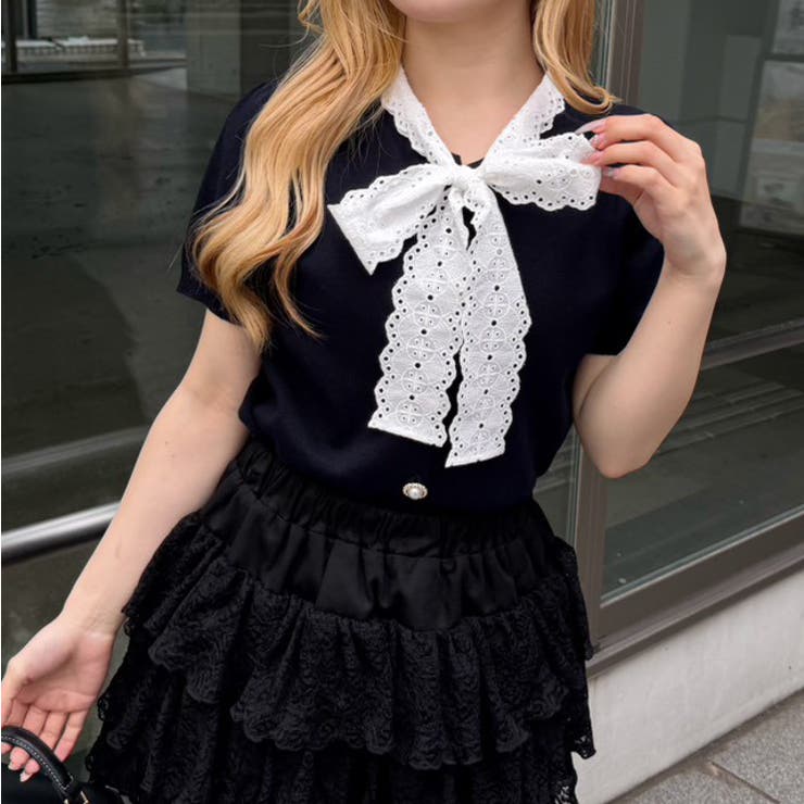 レースボウタイ半袖ニット | RMAF　NICE CLAUP / OLIVE des OLIVE | 詳細画像1 