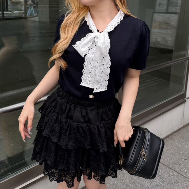 ネイビー | レースボウタイ半袖ニット | RMAF　NICE CLAUP / OLIVE des OLIVE