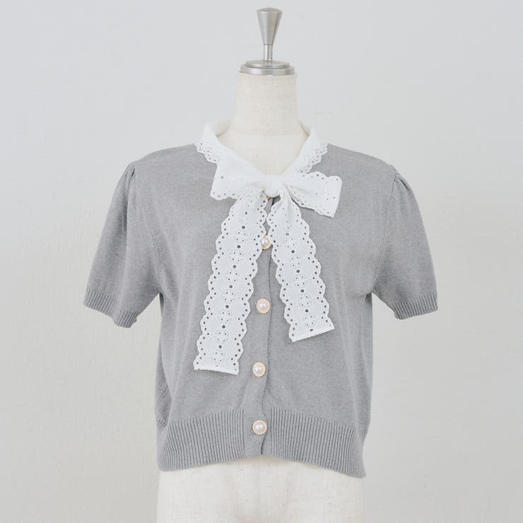 グレー | レースボウタイ半袖ニット | RMAF　NICE CLAUP / OLIVE des OLIVE