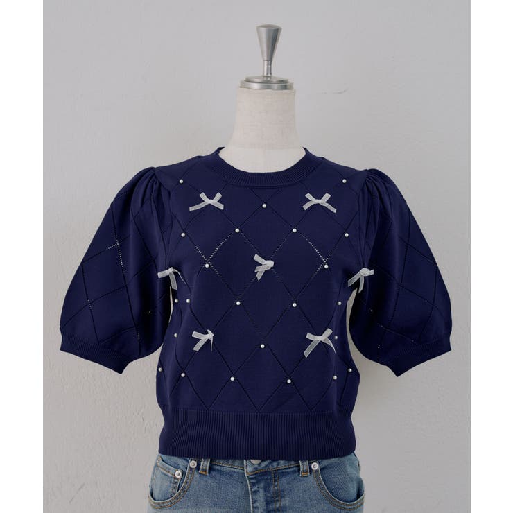 ネイビー | オーガンちびリボン半袖ニット | RMAF　NICE CLAUP / OLIVE des OLIVE