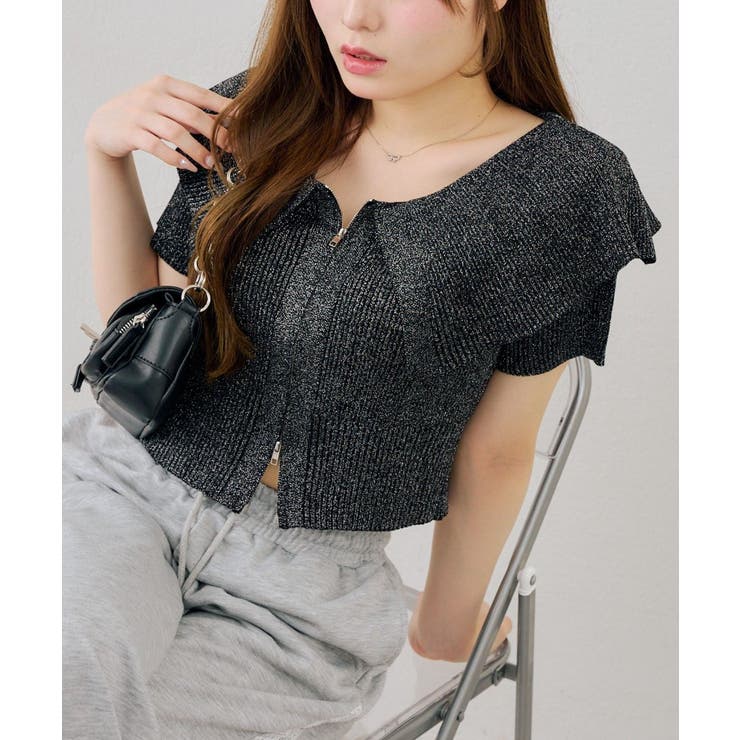 ブラック | 【5色展開】キラキララメ入り素材 ビッグ衿ラメジップカーディガン | RMAF　NICE CLAUP / OLIVE des OLIVE