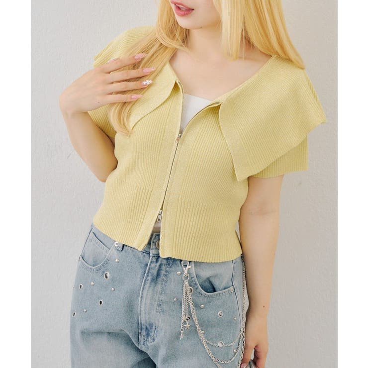 イエロー | 【5色展開】キラキララメ入り素材 ビッグ衿ラメジップカーディガン | RMAF　NICE CLAUP / OLIVE des OLIVE