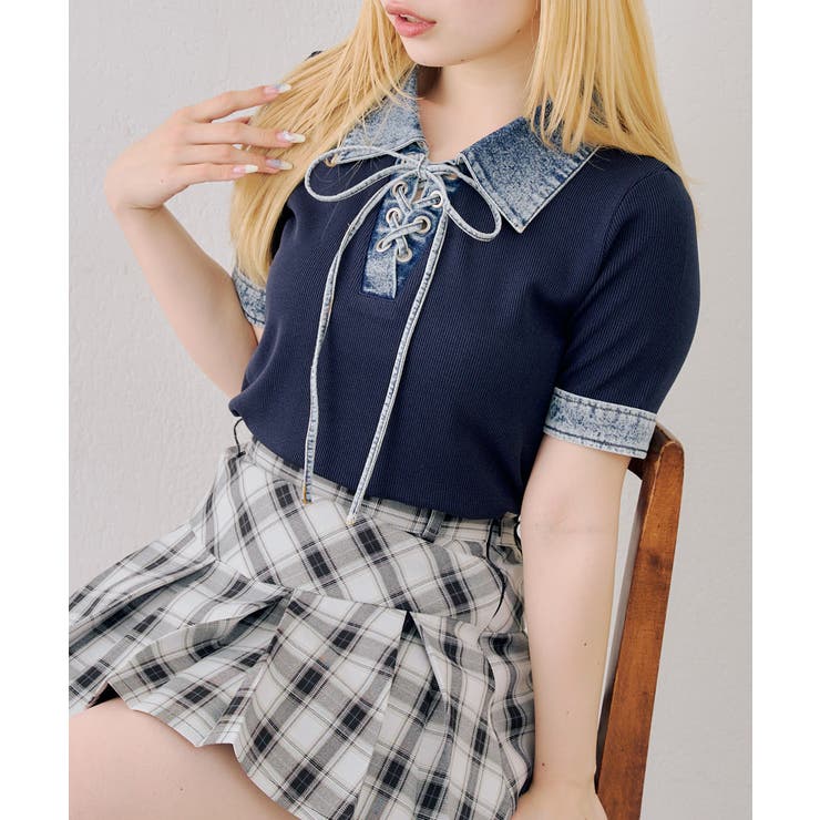 ネイビー | デニム切替レースアッププルオーバー | RMAF　NICE CLAUP / OLIVE des OLIVE