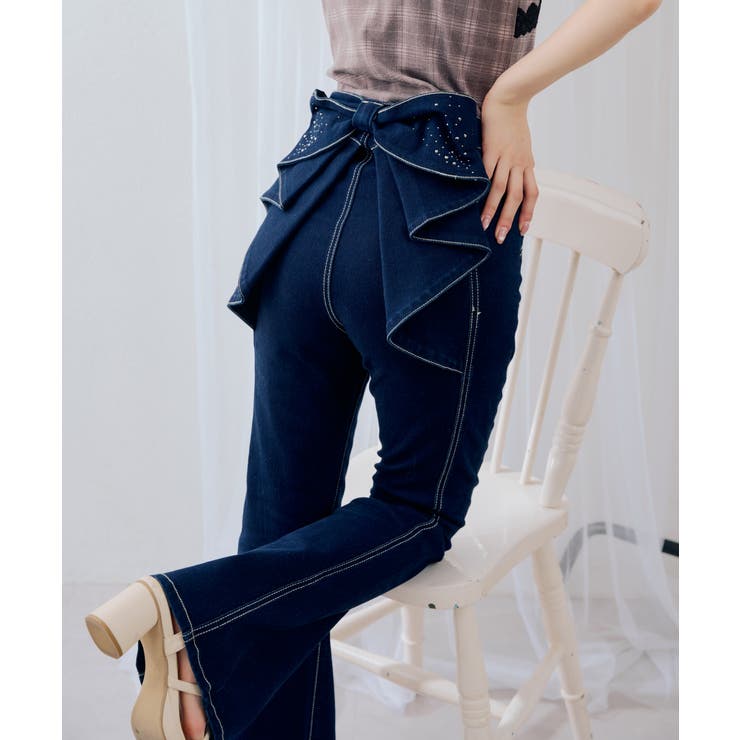 ブルー | 【S/M/Lサイズ展開】後キラキラリボンセミフレアデニム | RMAF　NICE CLAUP / OLIVE des OLIVE