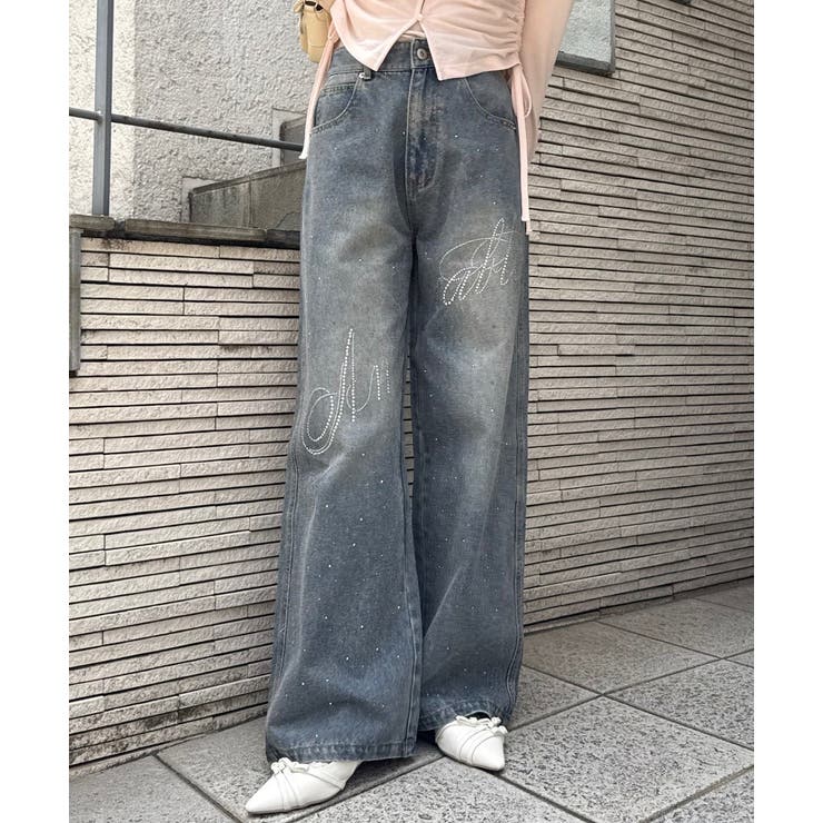 【S/Mサイズ展開】キラキラロゴバギーデニムパンツ | RMAF　NICE CLAUP / OLIVE des OLIVE | 詳細画像1 