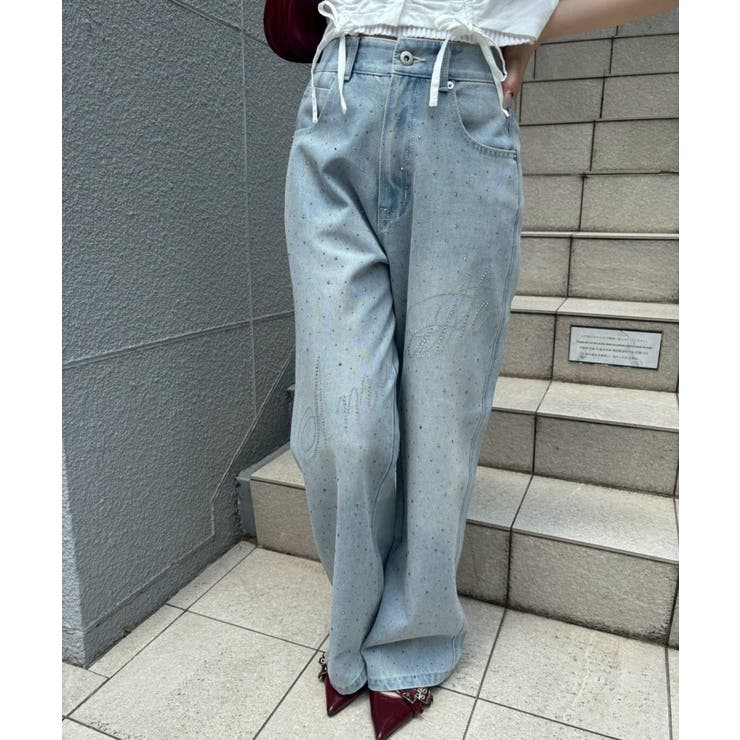 【S/Mサイズ展開】キラキラロゴバギーデニムパンツ | RMAF　NICE CLAUP / OLIVE des OLIVE | 詳細画像2 