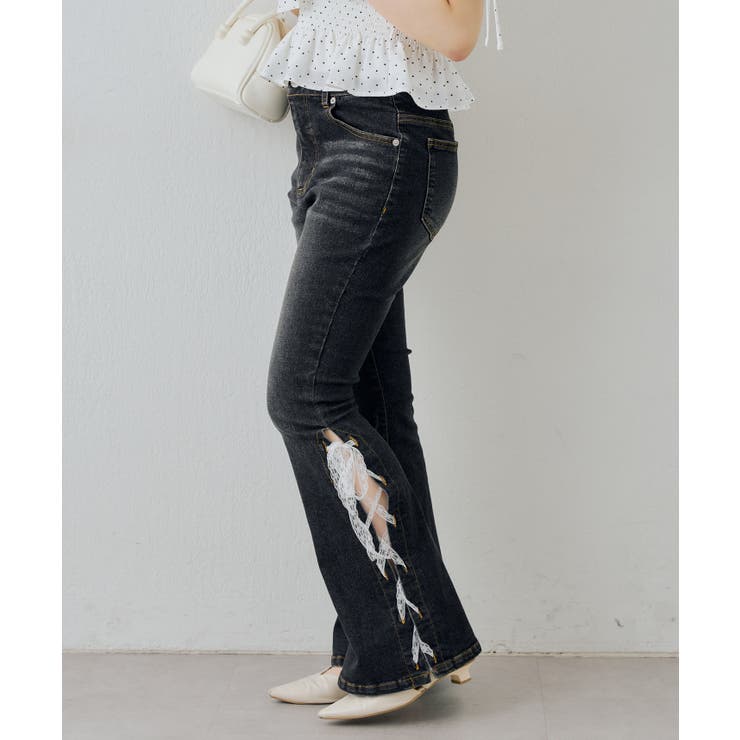 ブラック系 | 【S/Mサイズ展開】レースアップフレアデニムパンツ | RMAF　NICE CLAUP / OLIVE des OLIVE