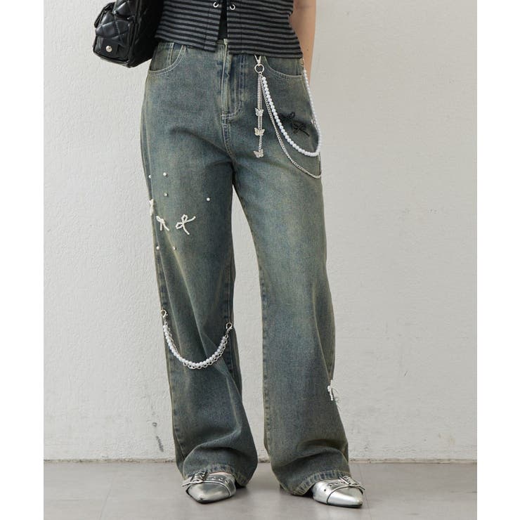【S/Mサイズ展開】リボンビジューチャームワイドパンツ | RMAF　NICE CLAUP / OLIVE des OLIVE | 詳細画像1 