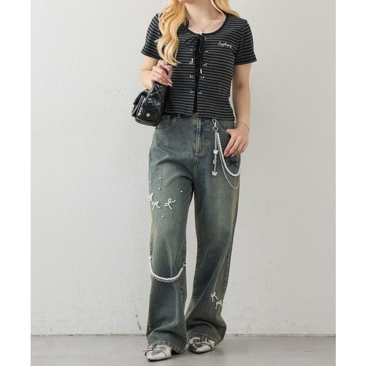 【S/Mサイズ展開】リボンビジューチャームワイドパンツ | RMAF　NICE CLAUP / OLIVE des OLIVE | 詳細画像6 