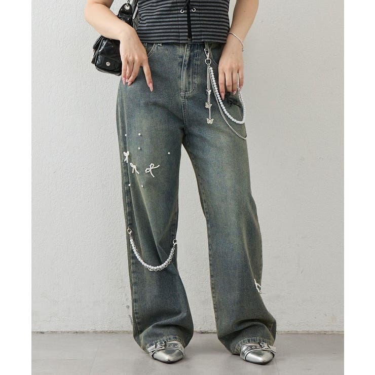 【S/Mサイズ展開】リボンビジューチャームワイドパンツ | RMAF　NICE CLAUP / OLIVE des OLIVE | 詳細画像2 
