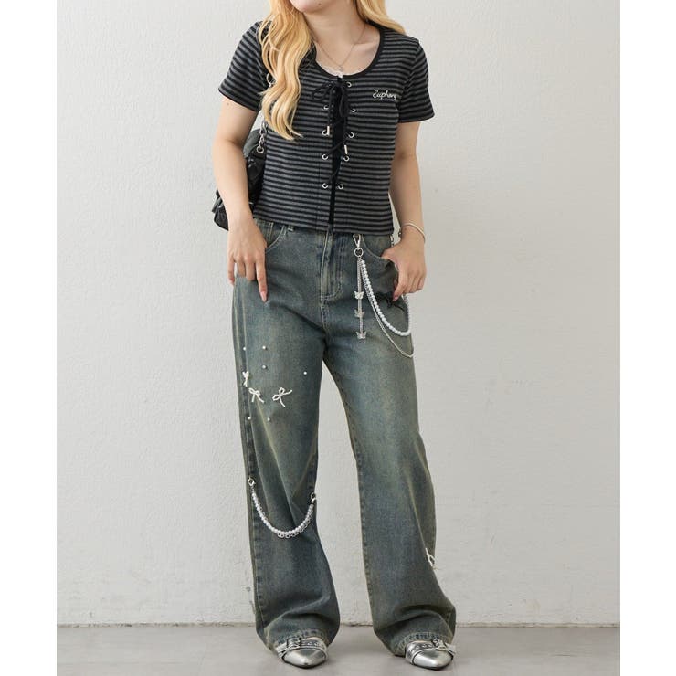 【S/Mサイズ展開】リボンビジューチャームワイドパンツ | RMAF　NICE CLAUP / OLIVE des OLIVE | 詳細画像5 