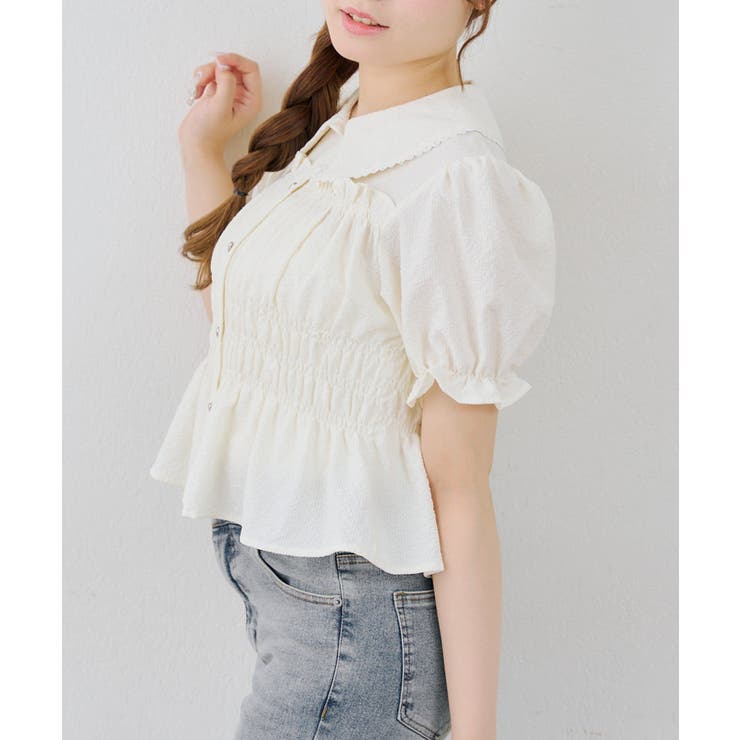 アイボリー | 【7色展開】シャーリングペプラムブラウス | RMAF　NICE CLAUP / OLIVE des OLIVE