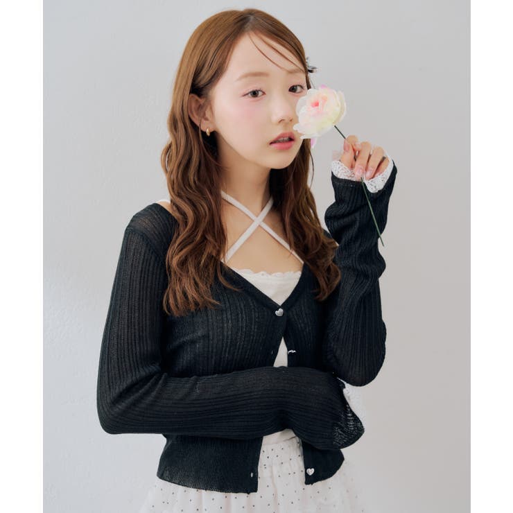 ブラック | 【5色展開】ハート釦袖レースラメカーディガン | RMAF　NICE CLAUP / OLIVE des OLIVE