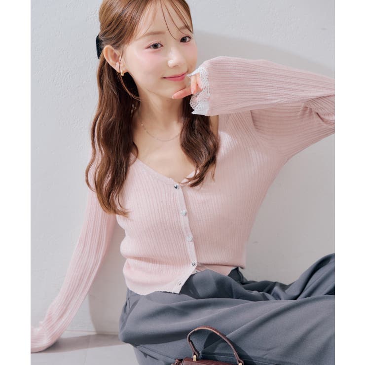 ピンク | 【5色展開】ハート釦袖レースラメカーディガン | RMAF　NICE CLAUP / OLIVE des OLIVE