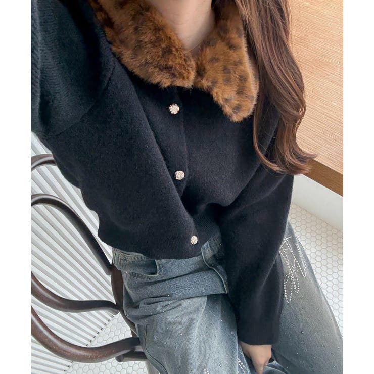 ブラック | フェイクファー衿ニットカーディガン | RMAF　NICE CLAUP / OLIVE des OLIVE