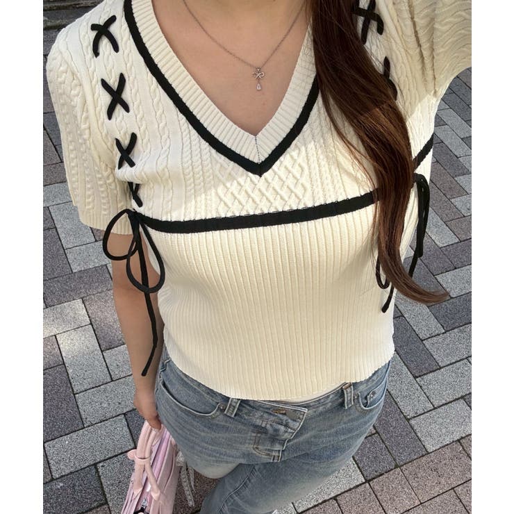 アイボリー | レースアップ半袖ニット | RMAF　NICE CLAUP / OLIVE des OLIVE