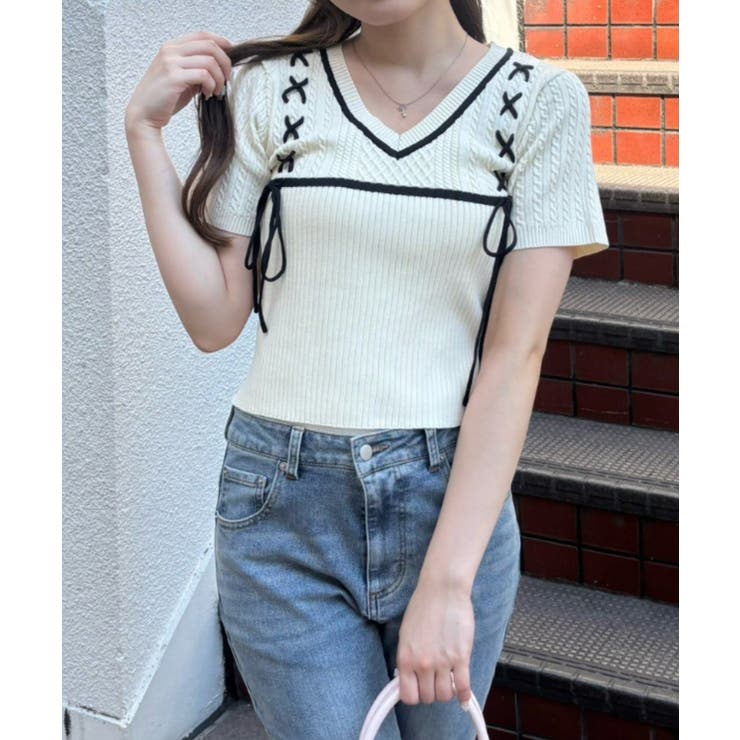 レースアップ半袖ニット | RMAF　NICE CLAUP / OLIVE des OLIVE | 詳細画像1 