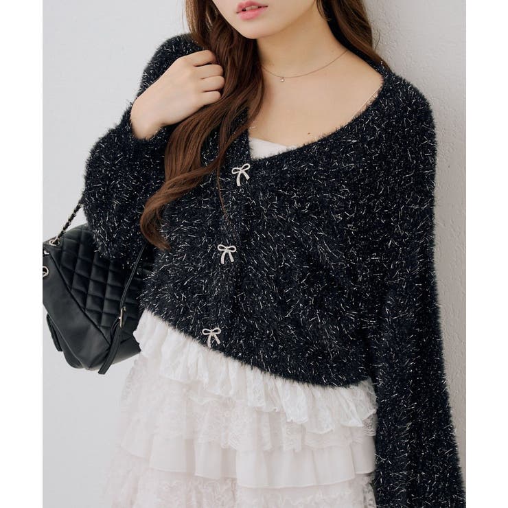 ブラック | 【5色展開】裾レースラメ混フェザーカーディガン | RMAF　NICE CLAUP / OLIVE des OLIVE