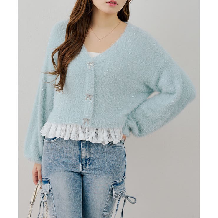サックス | 【5色展開】裾レースラメ混フェザーカーディガン | RMAF　NICE CLAUP / OLIVE des OLIVE
