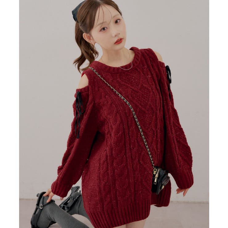 ボルドー | 肩あきサイドリボンニットワンピース | RMAF　NICE CLAUP / OLIVE des OLIVE