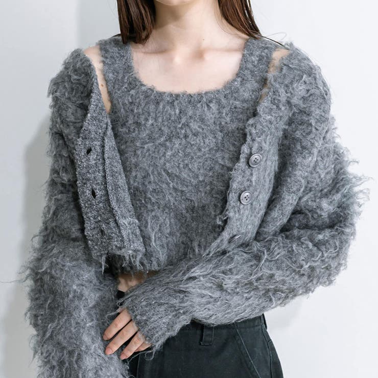 PERVERZE 新作 黒とグレーのストライプ ニットカーディガン PERVERZE