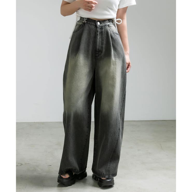 ブラック系 | ウエストホック切替ワイドデニム | RMAF　NICE CLAUP / OLIVE des OLIVE