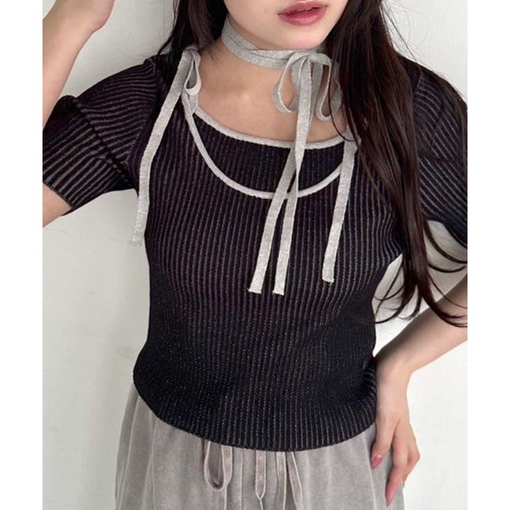 ブラック | 【OLIVE des OLIVE】肩リボンレイヤードリブニット | NICE CLAUP / OLIVE des OLIVE　OUTLET
