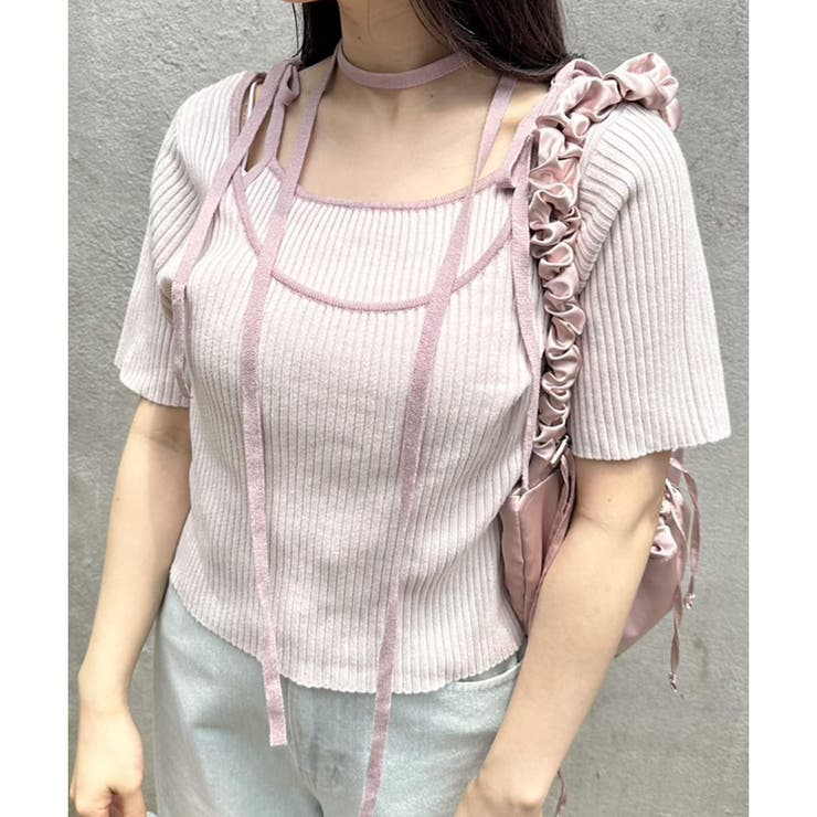 ピンク | 【OLIVE des OLIVE】肩リボンレイヤードリブニット | NICE CLAUP / OLIVE des OLIVE　OUTLET