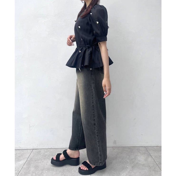 【新品】 OLIVE des OLIVE ハート刺繍ペプラムブラウス ブラック ハート刺繍ペプラムブラウス 1041040130（シャツ/ブラウス