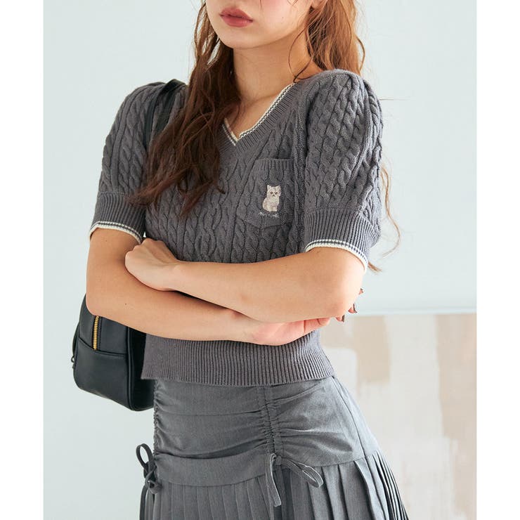 OLIVE des OLIVE】ネコケーブル半袖ニット[品番：NCLW0014496