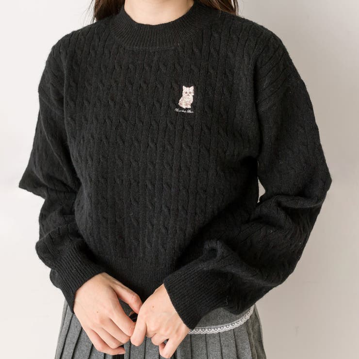 OLIVE des OLIVE】ネコ刺繍ケーブルハイネックニット[品番