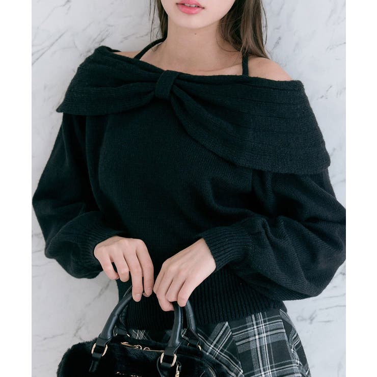 ブラック | 【OLIVE des OLIVE】リボンオフショルニット | NICE CLAUP / OLIVE des OLIVE　OUTLET