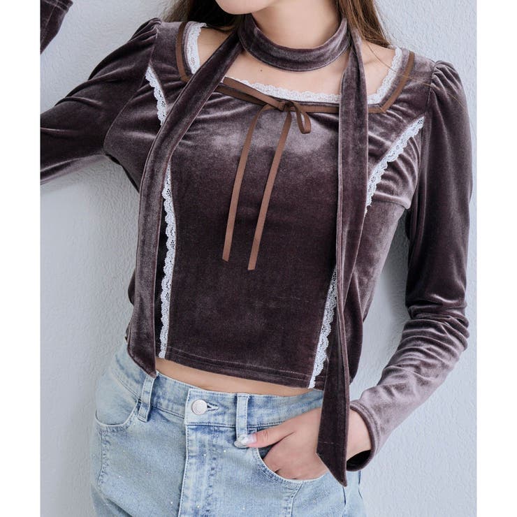 【OLIVE des OLIVE】タイ付ベロアトップス | NICE CLAUP / OLIVE des OLIVE　OUTLET | 詳細画像1 